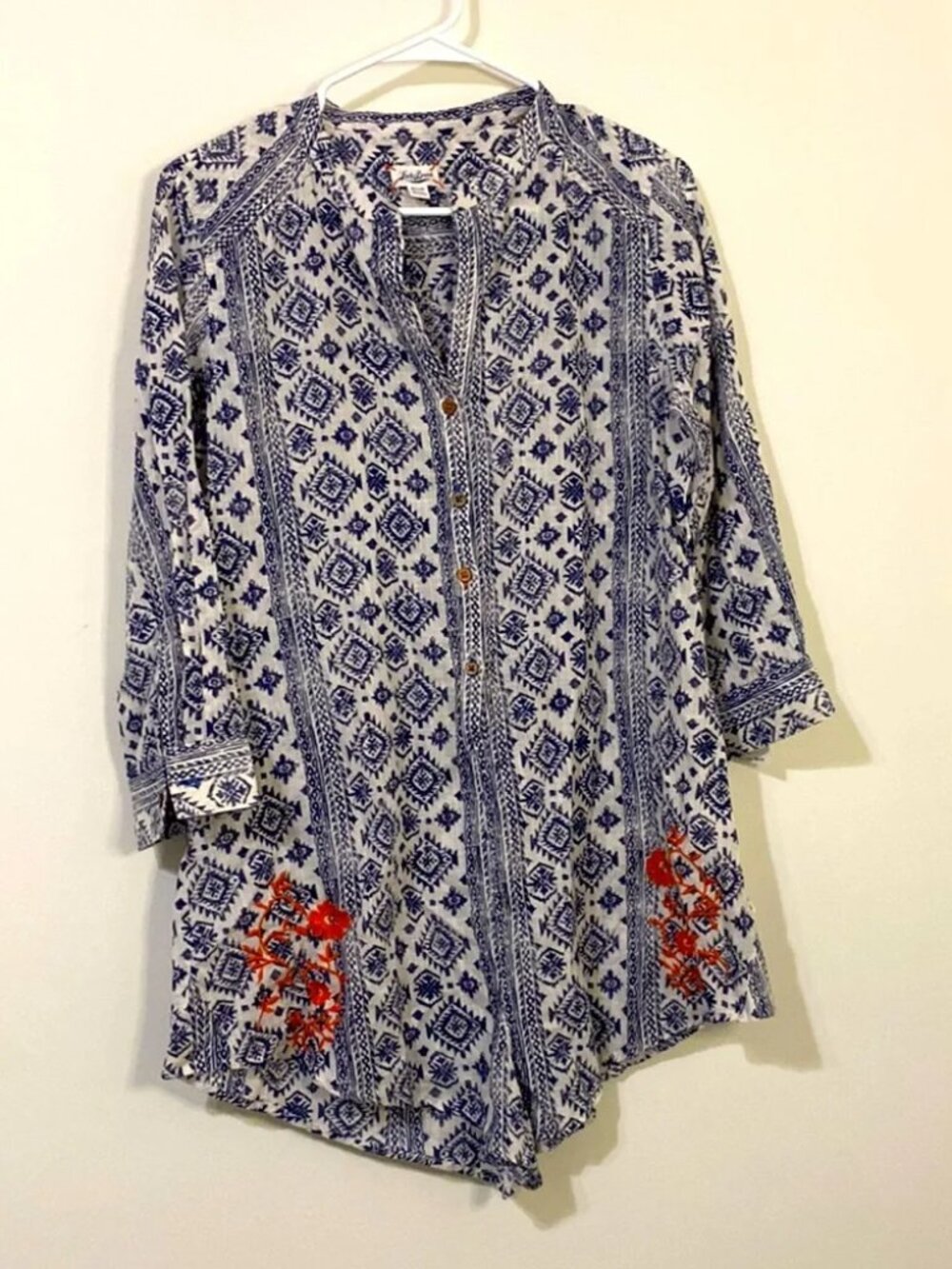 Lucky - Button-Up Romper 3/4 Sleeves | Size Small | Blue & White Floral